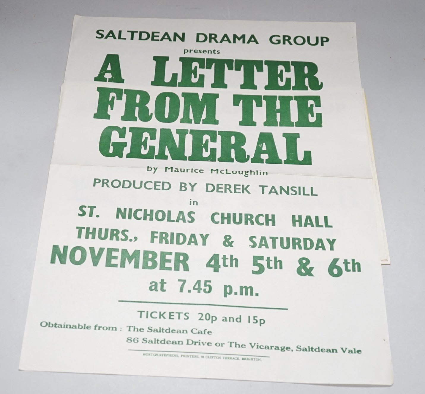 Six 1940s unframed posters, Saltdean Drama Group, ‘A Letter From the General’, ‘Blithe Spirit’, ‘Count Your Blessings’, etc. 38cm x 50.5cm